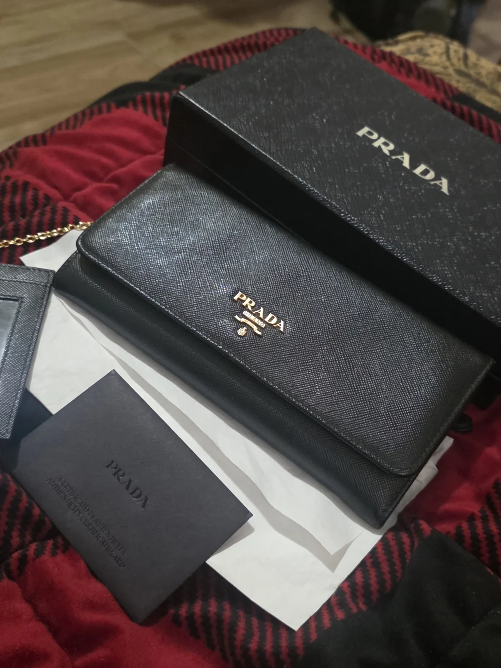 Prada Black Saffiano Leather Wallet with Card Holder and Chain